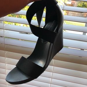 BCBG black wedge sandals